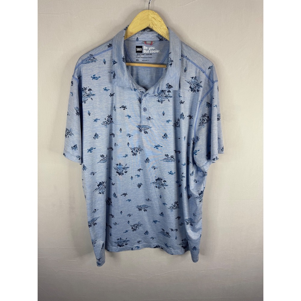 SAXX Droptemp Cooling Polo Shirt XXL Blue Nautical Tropical Sea Turtle UPF 50